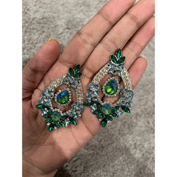 Big Blue and green earring large Emerald crystal chandelier rhinestone 2.6” - Picture 5 of 7